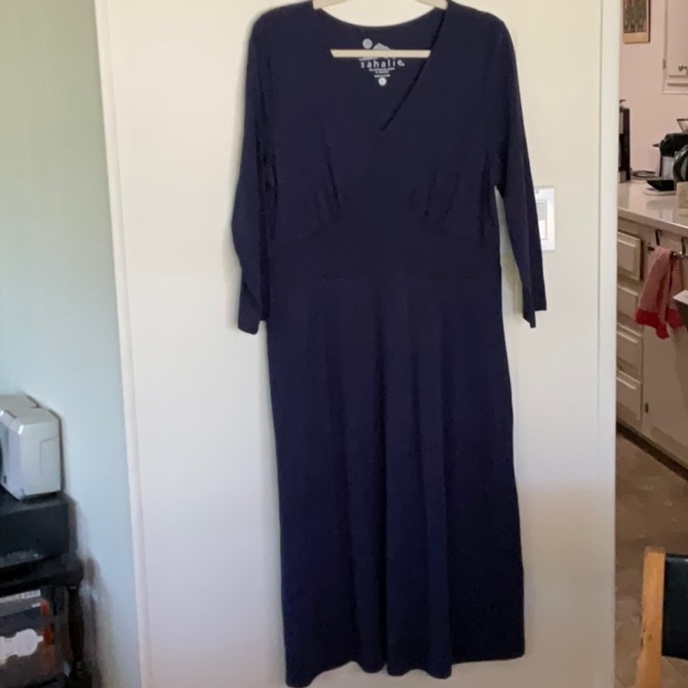 Sahalie Blue Dress V-Neck 3/4 Sleeve